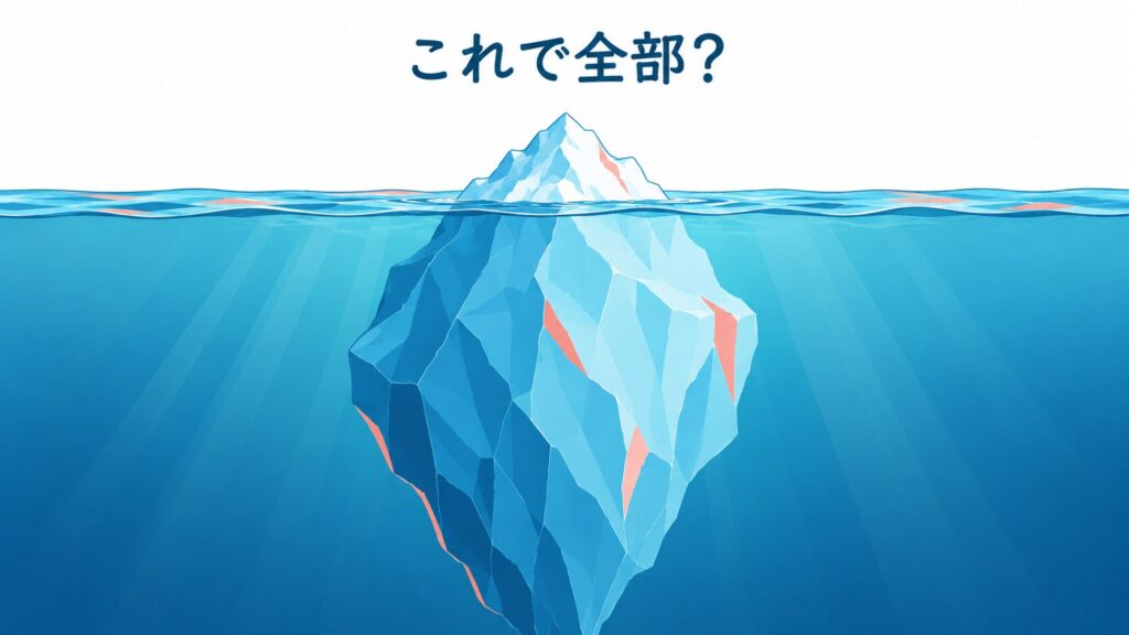 氷山の一角だけが海面に浮かび、「これで全部?」というキャッチコピーが添えられた、水面下に隠れた巨大な氷塊を暗示する挿絵