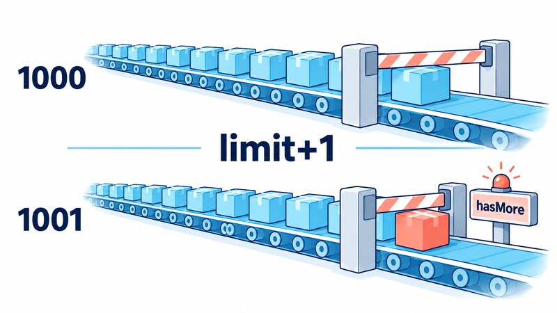 上限1000件の一覧に対して、上限ちょうど1000件のデータと1001件のデータをそれぞれlimit+1=1001件で取得し、返ってきた行数の差(1000件と1001件)だけでhasMoreを正しく判定できることを示す図