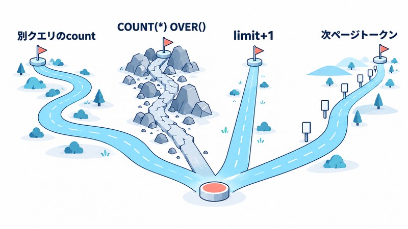 別クエリのcount・COUNT(*) OVER()・limit+1・次ページトークンという4つの道を、正確さとコストの異なる分かれ道として描いた地図のような挿絵
