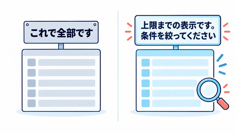 「これで全部です」と言い切る素っ気ない一覧画面と、「上限までの表示です。条件を絞ってください」と添え書きのある親切な一覧画面を左右に並べて対比した挿絵