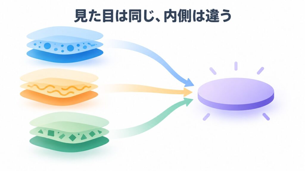 「見た目は同じ、内側は違う」という文字と、異なる内部構造が一つの安定した形へ整う様子