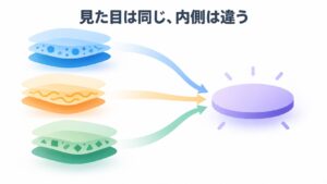 「見た目は同じ、内側は違う」という文字と、異なる内部構造が一つの安定した形へ整う様子