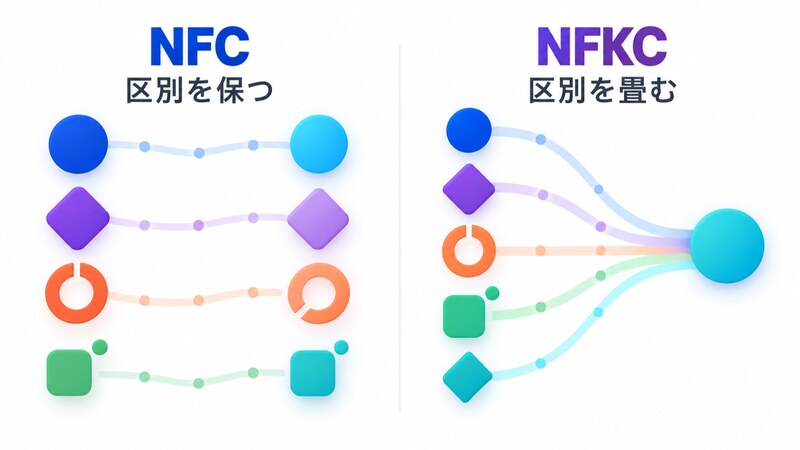 NFC は「区別を保つ」、NFKC は「区別を畳む」と示した左右比較