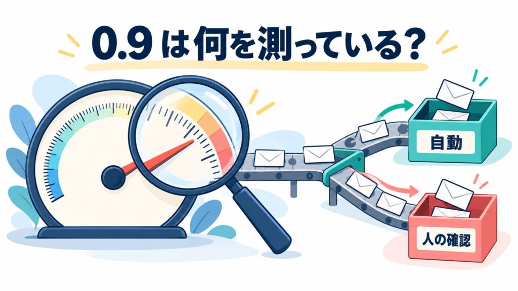 「0.9 は何を測っている？」の文字と、ダイヤル式のメーターを虫眼鏡で拡大して見る様子、その横で問い合わせの封筒が「自動」「人の確認」の 2 つの箱に仕分けられる様子を描いた挿絵