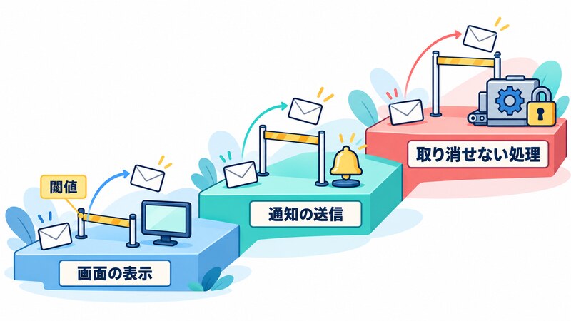 操作の重さに応じて自動処理に必要な閾値の高さが変わる様子を、画面の表示、通知の送信、取り消せない処理の 3 段の階段で表し、重い操作ほど閾値が高く置かれる図