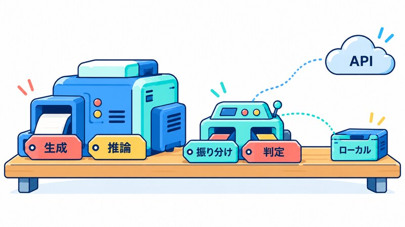 文章の生成や推論は LLM、振り分けや判定は判定型モデルという使い分けと、判定型が API とローカルの両方で動くという筆者の見立てを示す図