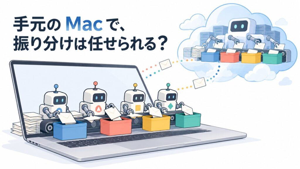 「手元の Mac で、振り分けは任せられる？」の文字と、ノート PC の上で Laya・Kev・Von の小さな判定モデルが、雲の向こうの Jev と並んで問い合わせの封筒を仕分ける様子を描いた挿絵