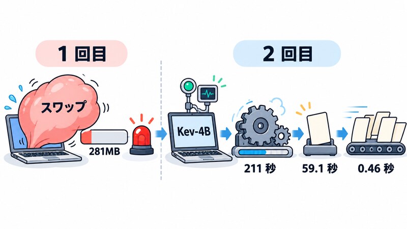 16GB の Mac で Kev-4B を読み込むと、スワップが膨らんでディスクの空きが 281MB まで減る 1 回目と、見張り付きの 2 回目で 211 秒かけて起動し、最初の 1 判定に約 1 分（59.1 秒）、以後 0.46 秒になる様子を時間順に並べた図