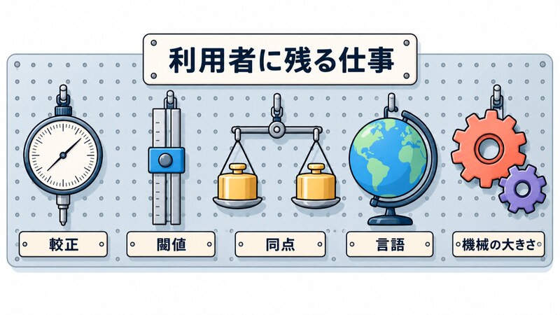 Jev 互換のモデルを手元で動かすときに利用者に残る仕事として、較正、閾値の決め直し、同点への備え、言語ごとのモデル選び、機械の大きさに合わせたモデル選びを、「利用者に残る仕事」という見出しの下に 5 項目で並べた図